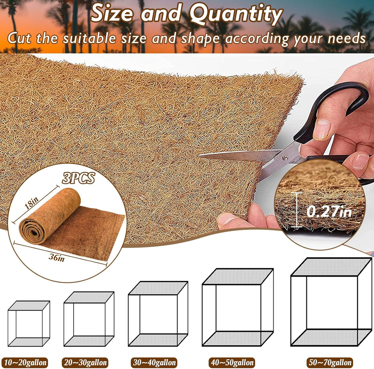 ZeeDix 3 Pieces Coconut Fiber Reptile Substrate Mat, 18 x 36 inches Natural Coco Mat Reptile Carpet