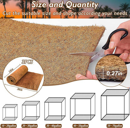 ZeeDix 3 Pieces Coconut Fiber Reptile Substrate Mat, 18 x 36 inches Natural Coco Mat Reptile Carpet