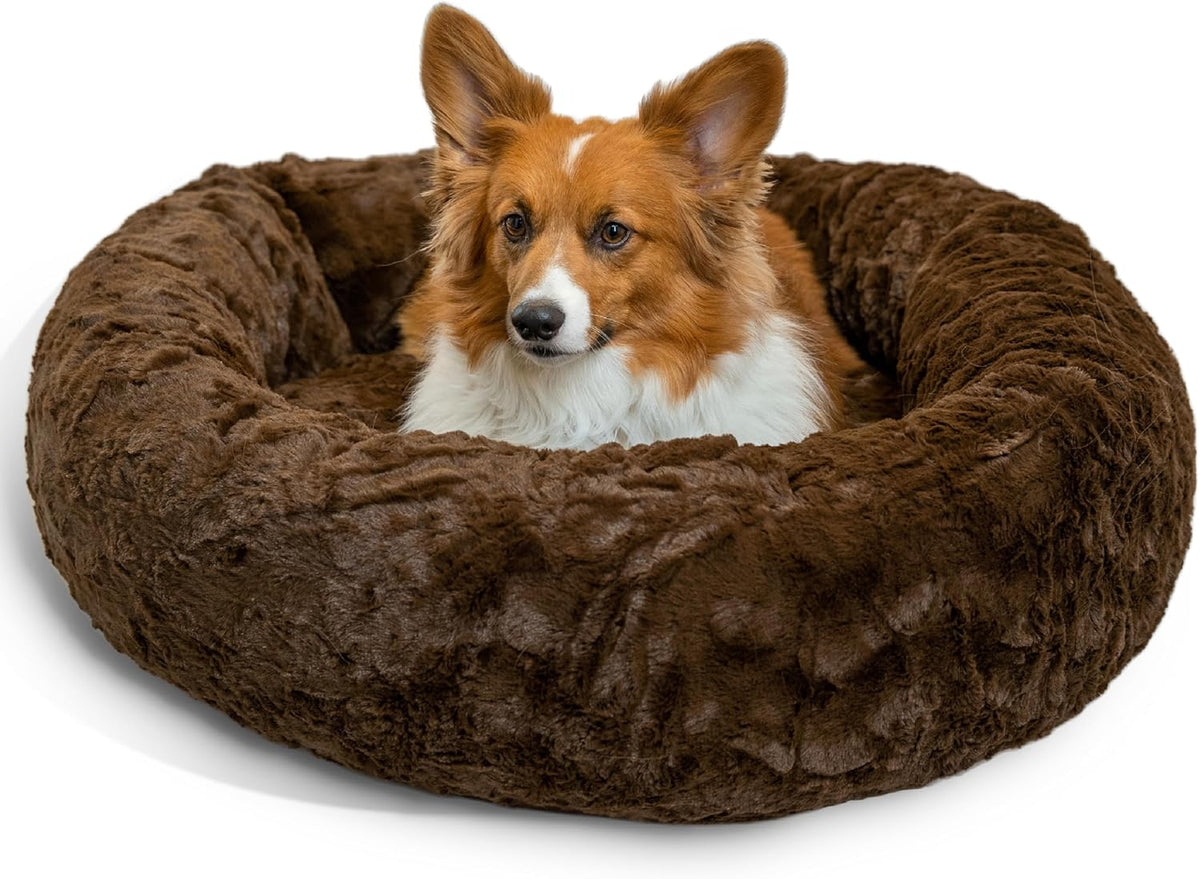 Best Friends by Sheri Original Calming Donut Dog and Cat Bed, Lux Faux Fur, Dark Brown, (30in x