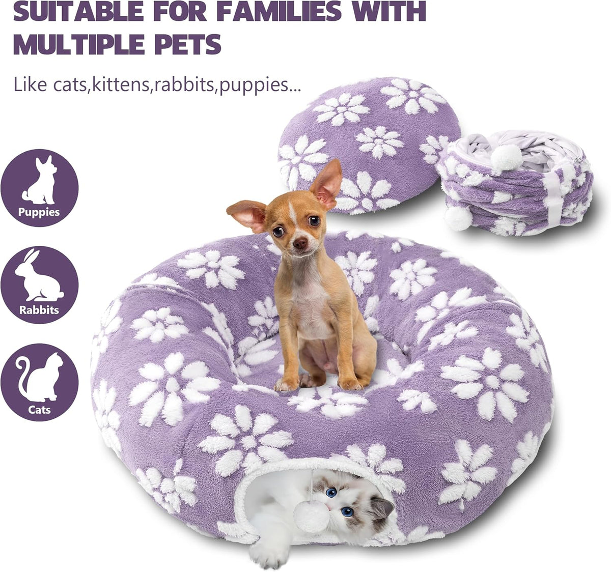 Cat Tunnel for Indoor Cats, Cute Peekaboo Cat Cave with Dangling Balls, Pet Donut Tunnel Bed with