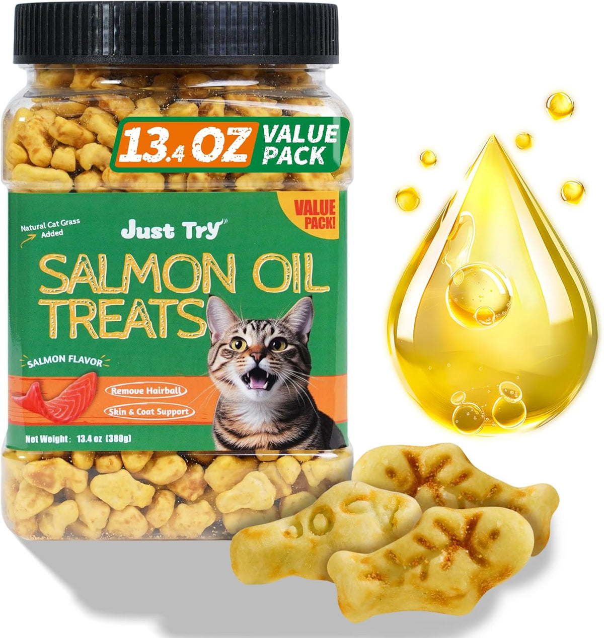 Just Try 13.4 0Z Cat Grass Treats Salmon Oil Natural Salmon Kitten Healthy Cat Treats Training