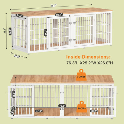 78 Inch Double Dog Crate Furniture, Heavy Duty Extra Large Cage Furniture with Divider for 2 Dogs