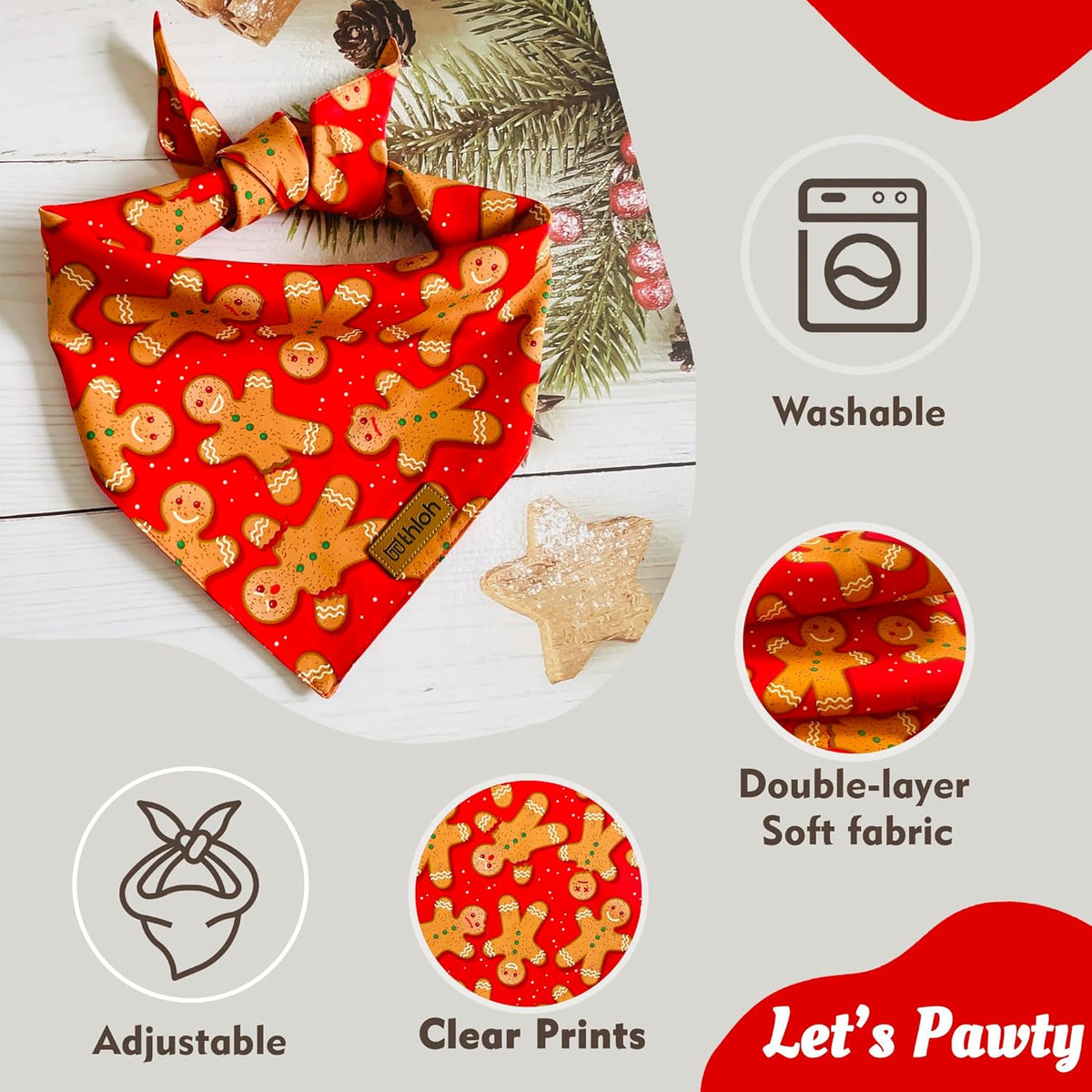 Christmas Dog Bandanas - 2 Pack Reversible Gingerbread Man Dog Scarf for Boy & Girl, Premium