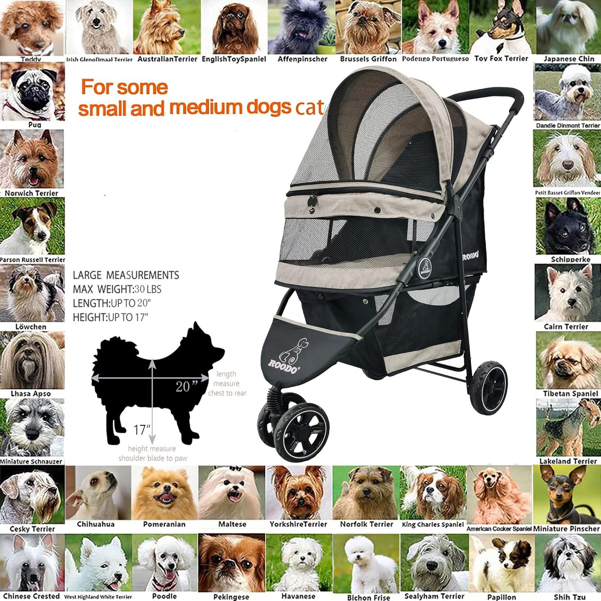 ROODO 3 Wheel Dog Pet Cat Stroller Best Lightweight Foldable Compact Portable Jogger All Terrain