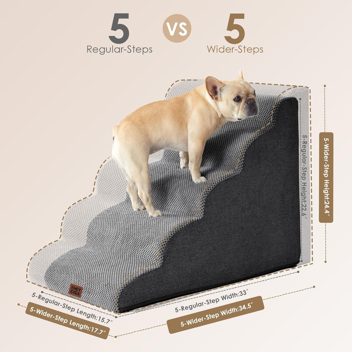 EHEYCIGA Curved Dog Stairs Ramp for High Beds, 5-Step Extra Wide Dog Steps for Small Dogs and Cats