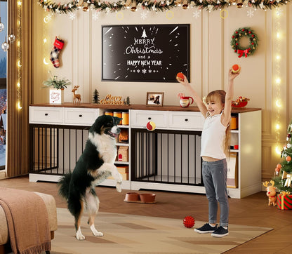 Dog Crate Furniture 47", Large Dog Crate TV Stand with 2 Drawers and 4 Shelves, Wooden Dog Kennel