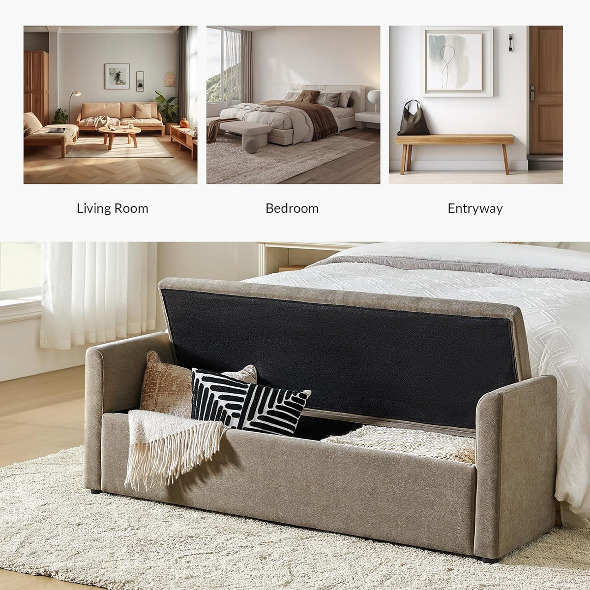 HULALA HOME Modern Storage Bench with Throw Pillows, 59.4" Extra Long Bedroom Ottoman Bench for End