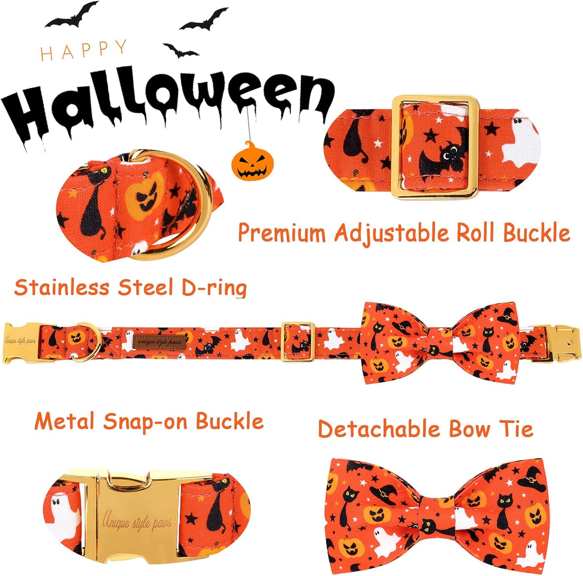 Unique style paws Halloween Dog Collar with Bow Tie Cotton Adjustable Puppy Collar for Small Medium