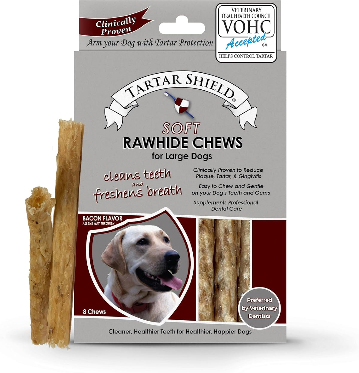 Tartar Shield Soft Rawhide Chews | Safe Dental Treats for Large Dogs | Vet VOHC Approved | Daily