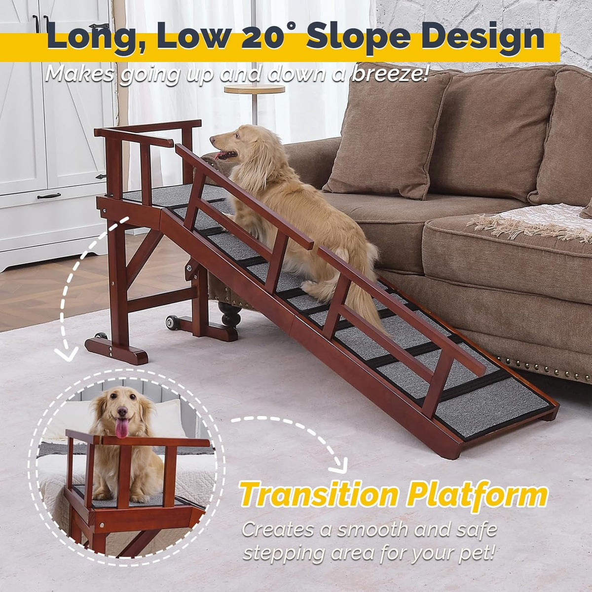 Dog Ramp for Bed or Couch, Wooden Pet Ramp with 20° Gentle Slope, Removable Side Rails, Non-Slip