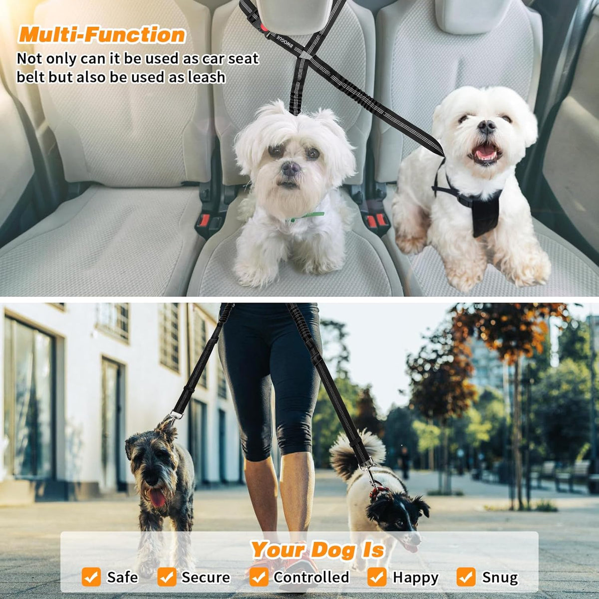 BWOGUE Double Dog Cat Seat Belts, Car Headrest Restraint Adjustable Travel Leash,Safety Elastic