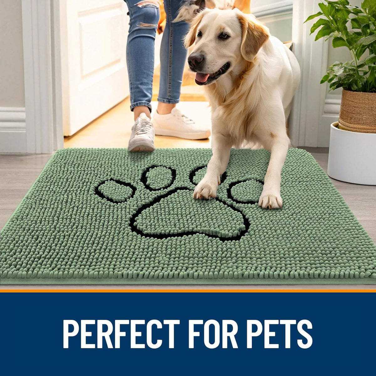 OLANLY Door Mat for Muddy Dog Paws 36x24, Absorbent Chenille Doormat with Paw Print Design