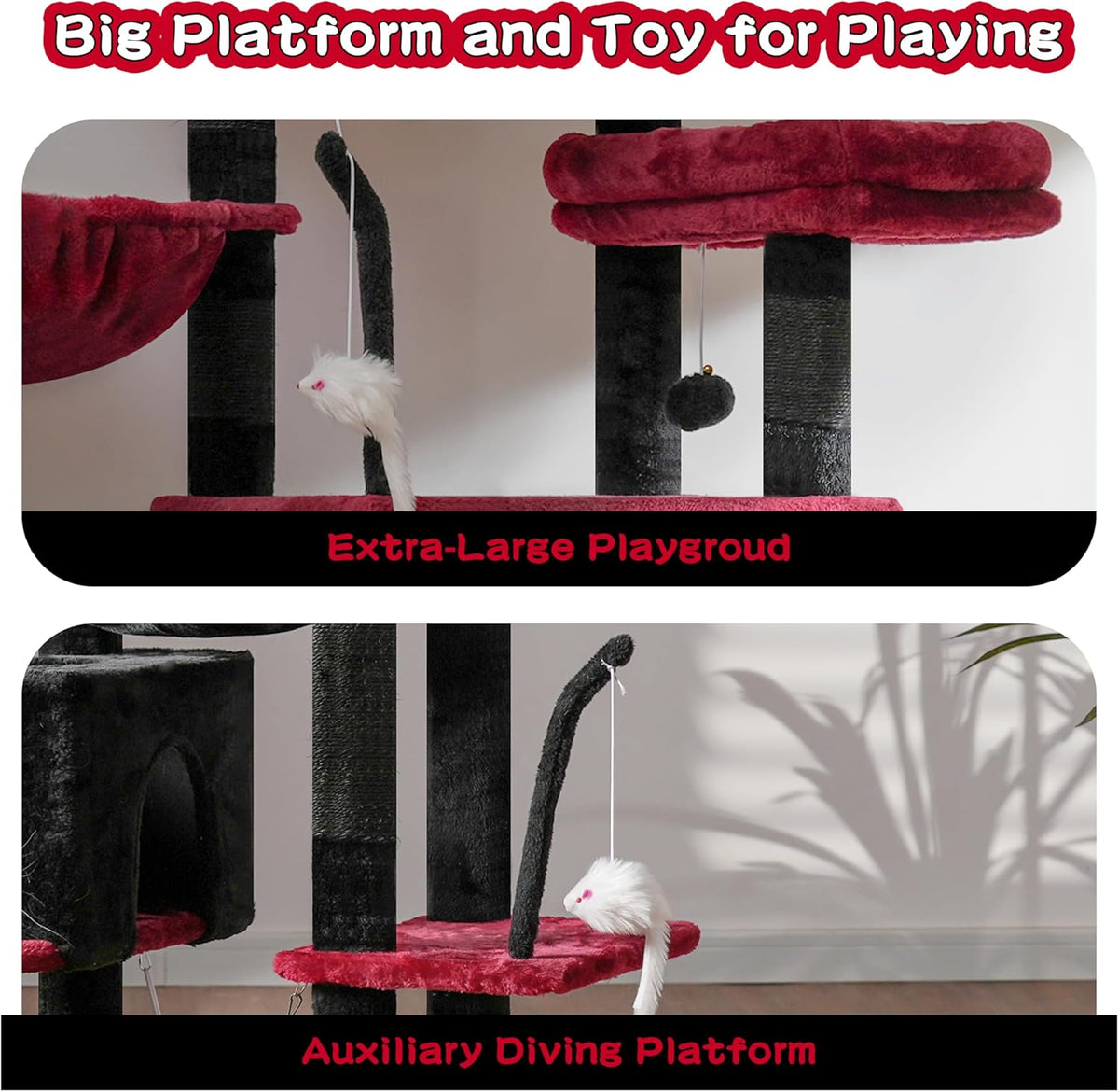 Gothic Cat Tree, Cat Tower for Large Cats with 2 Big Platforms, 2 Baskets, condo and Toys, 63" Cat