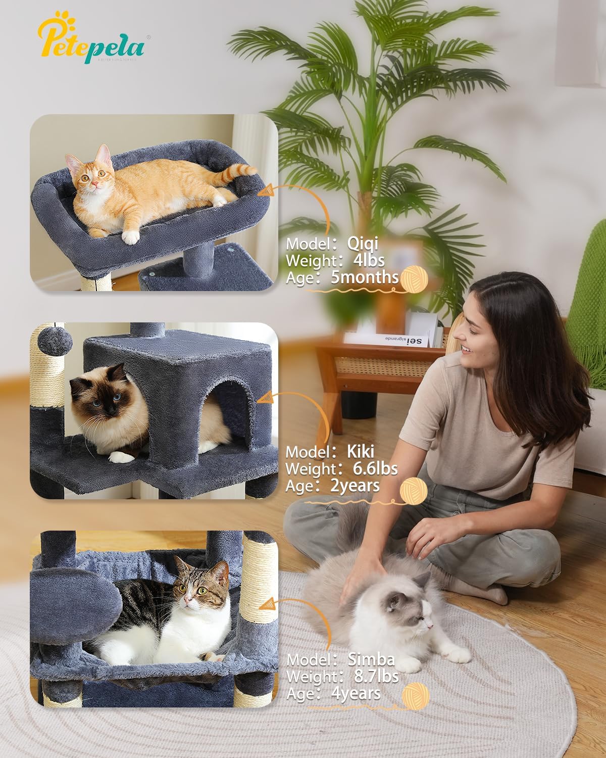 PETEPELA 45.7" Cat Tree for Indoor Cats, 5-Level Cat Tower for Large Cats with Metal Frame Large