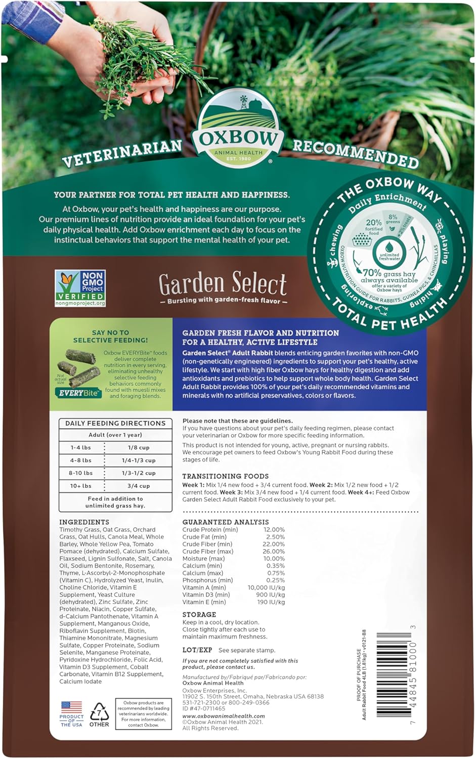 Oxbow Animal Health Garden Select Rabbit Food, Adult Rabbit, Made Timothy Hay, Vitamin & Mineral