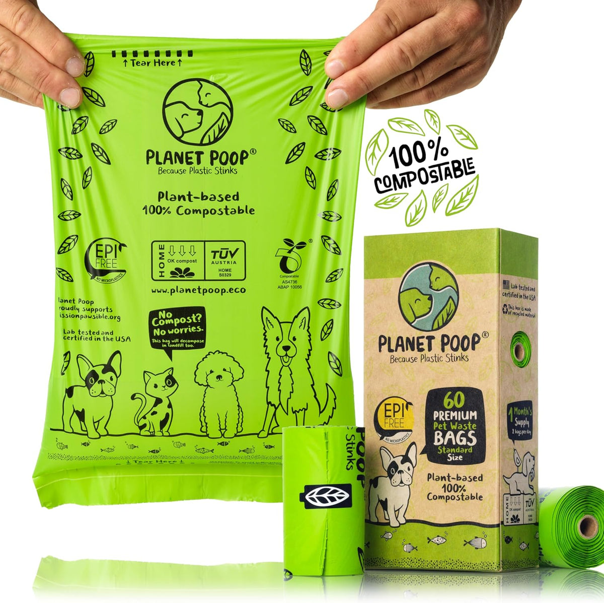 PLANET POOP Home Compostable Dog Poop Bags on Refill Rolls, 60 Un-Scented Pet Waste Bags, Thick