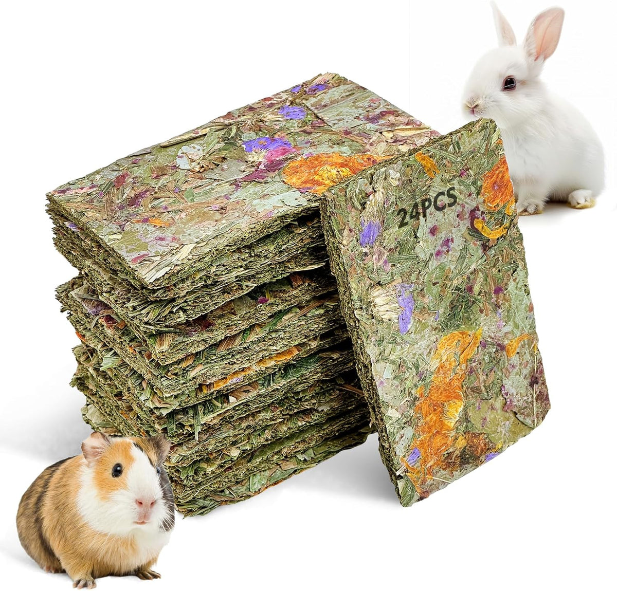 Fhiny 24 PCS Rabbit Timothy Hay Chips Toys, Natural Bunny Molar Treats with Herbal Flowers Rabbit