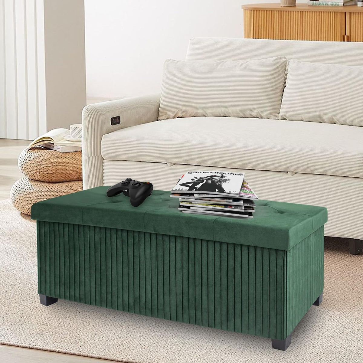 Storage Ottoman Bench, 43 Inch Foldable Ottoman with Legs, Velvet Foot Rest Stool, End of Bed