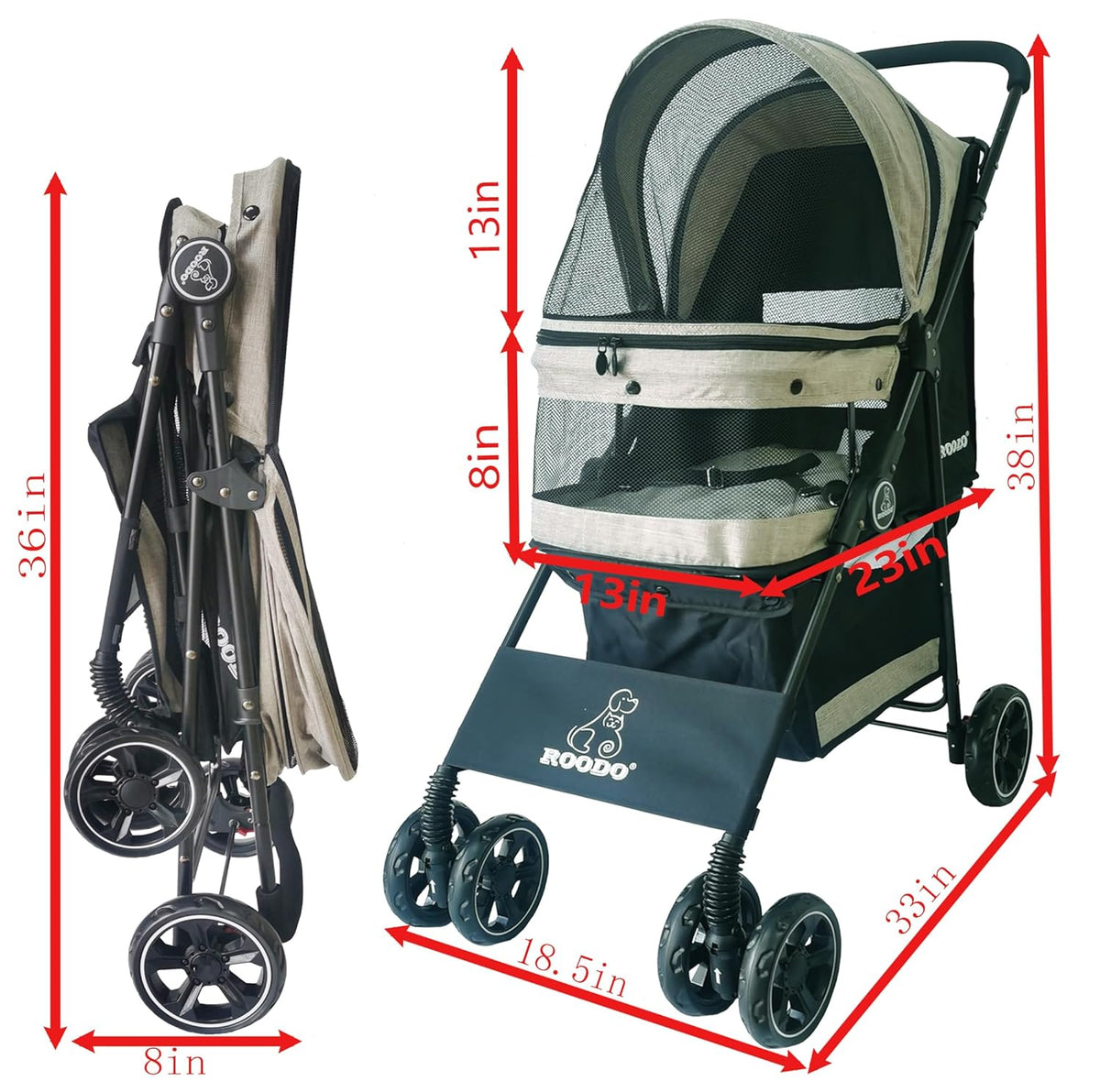 ROODO 4 Wheel Dog Cat Pet Stroller Best Lightweight Foldable Compact Portable Jogger All Terrain