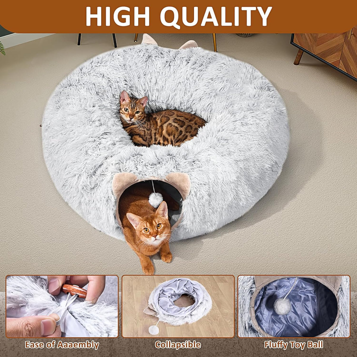 Cat Tunnel with Cat Bed for Indoor Cats, Under Christmas Tree Soft Plush Peekaboo Cat Cave Donut