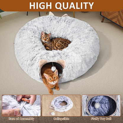 Cat Tunnel with Cat Bed for Indoor Cats, Under Christmas Tree Soft Plush Peekaboo Cat Cave Donut