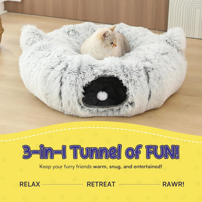 Cat Tunnel Bed Cave with Catnip Toys - Peekaboo Cat Hideaway & Cat Donut Tunnel - 3-in-1 Cat