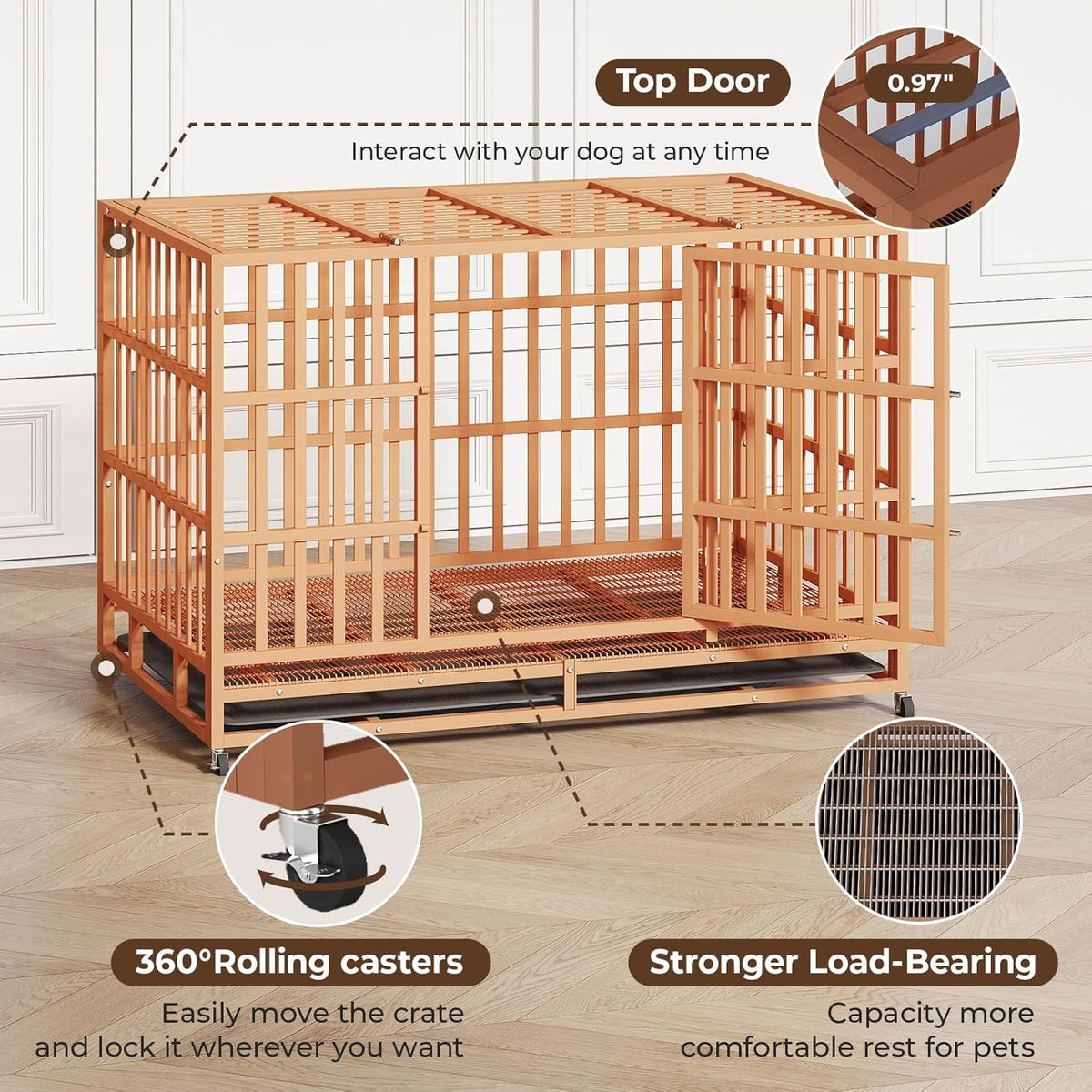48IN Heavy Duty Dog Crate Steel Escape Proof, Indoor Double Door High Anxiety Cage Removable Tray
