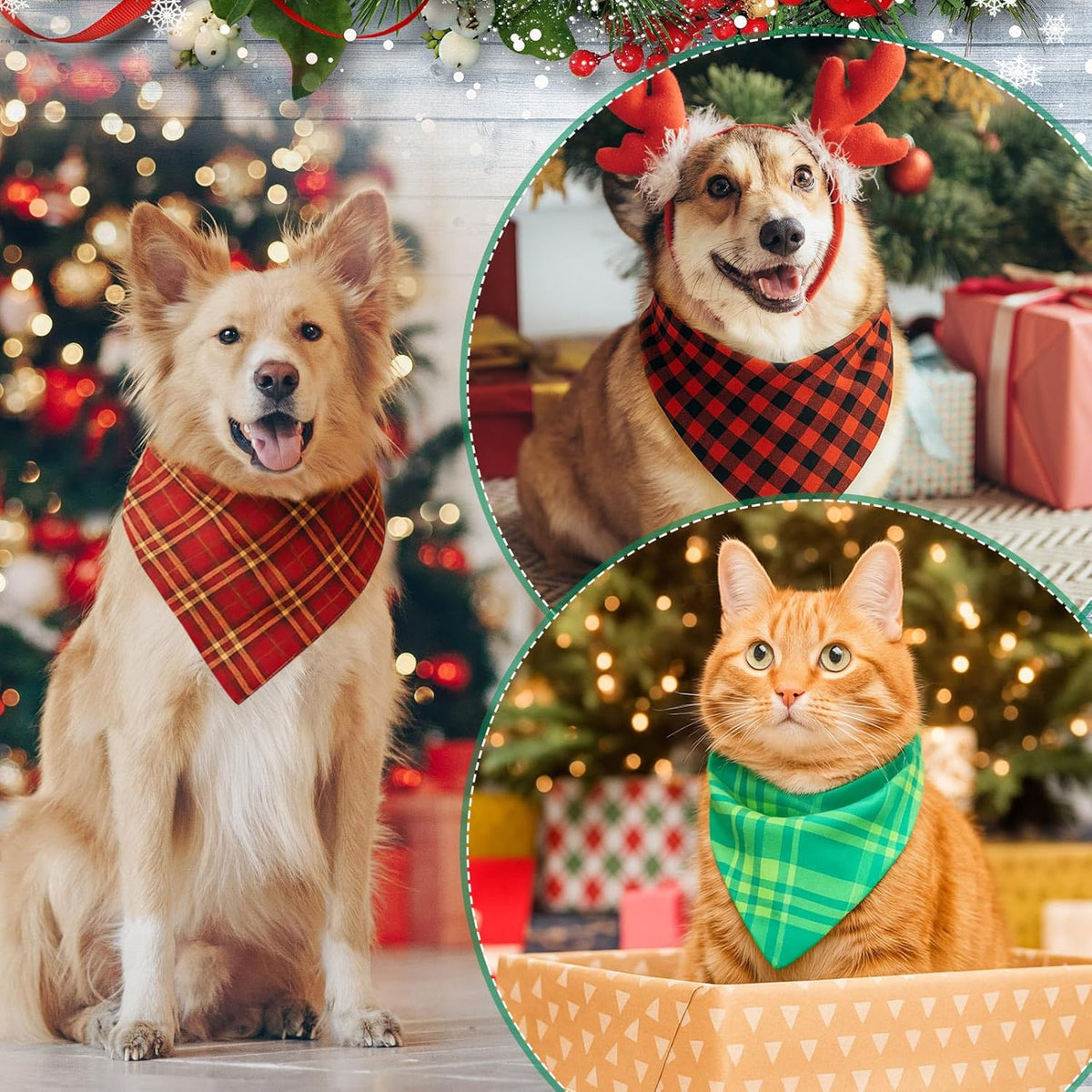 Abbylike 100 Pcs Christmas Dog Bandanas Bulk Red and Green Buffalo Plaid Xmas Bandanas for Dogs