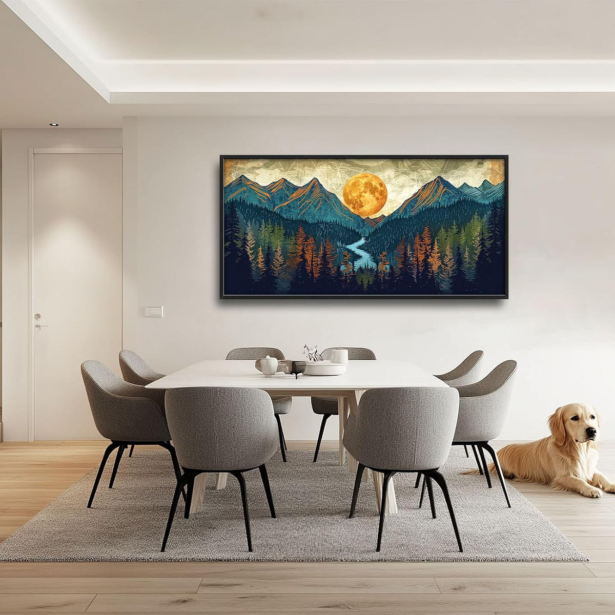 Quorin Boho Mountain Large Wall Art Mountain Landscape Pictures Moon Pine Tree Forest Lake Wall