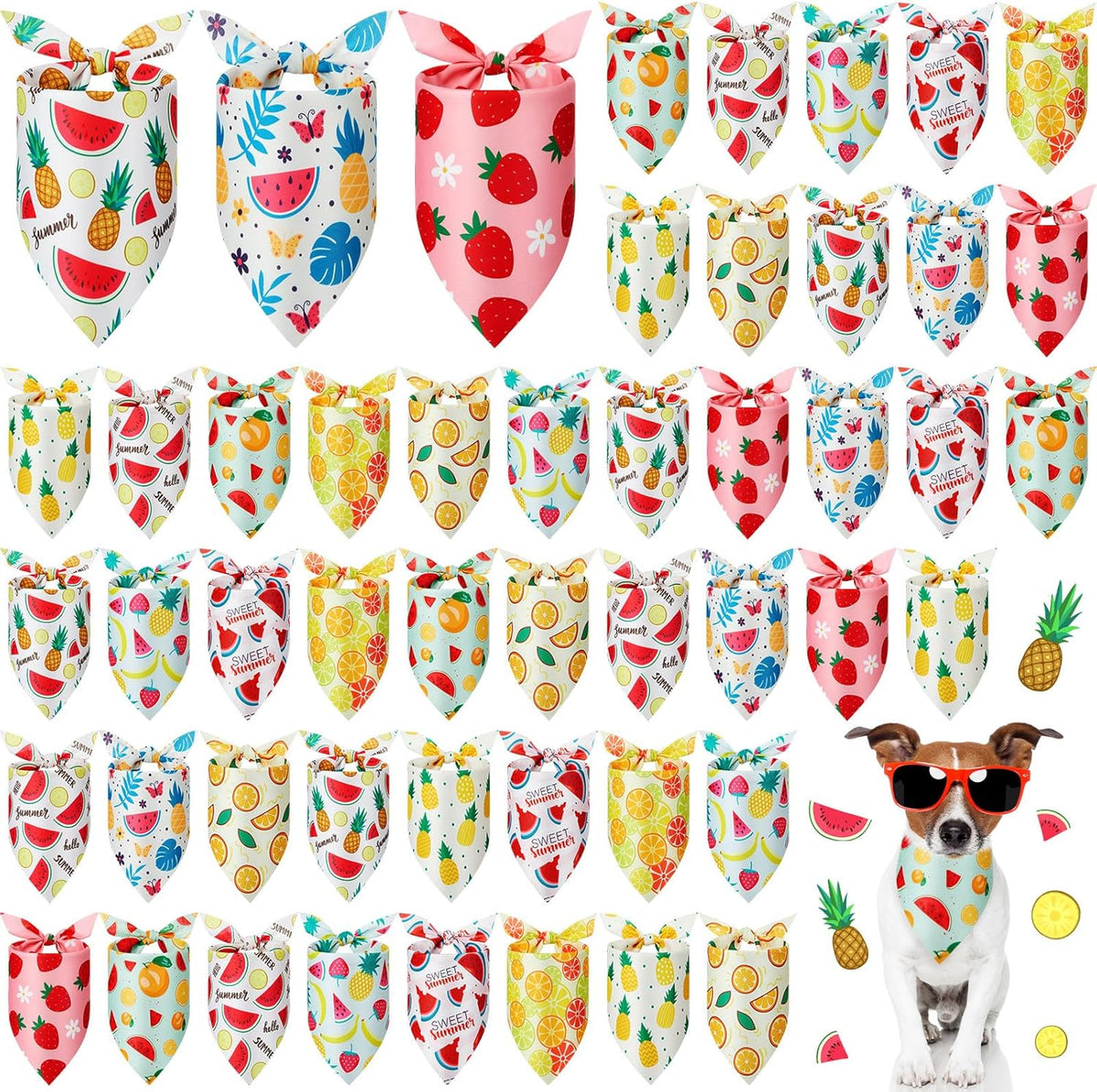 Weewooday 50 Pcs Fruit Dog Bandanas Bulk for Dogs Soft Bibs Adjustable Triangle pet Bandana for