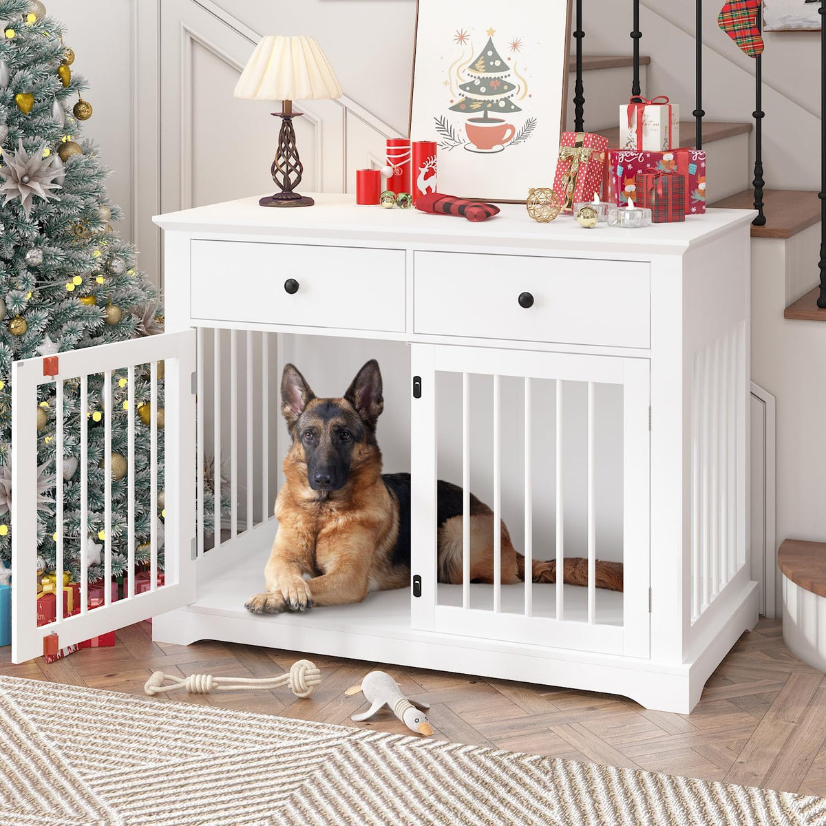 Dog Crate Furniture, 44 Inch Wooden Dog Kennel Indoor with 2 Storage Drawers, Heavy Duty Large