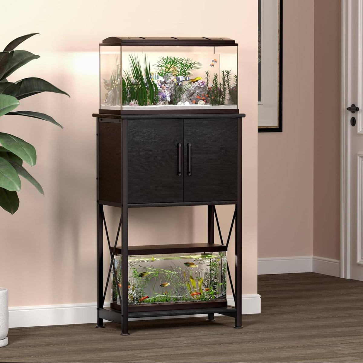 5-10 Gallon Fish Tank Stand, Metal Double Aquarium Stand with Cabinet for Fish Tank Accessories