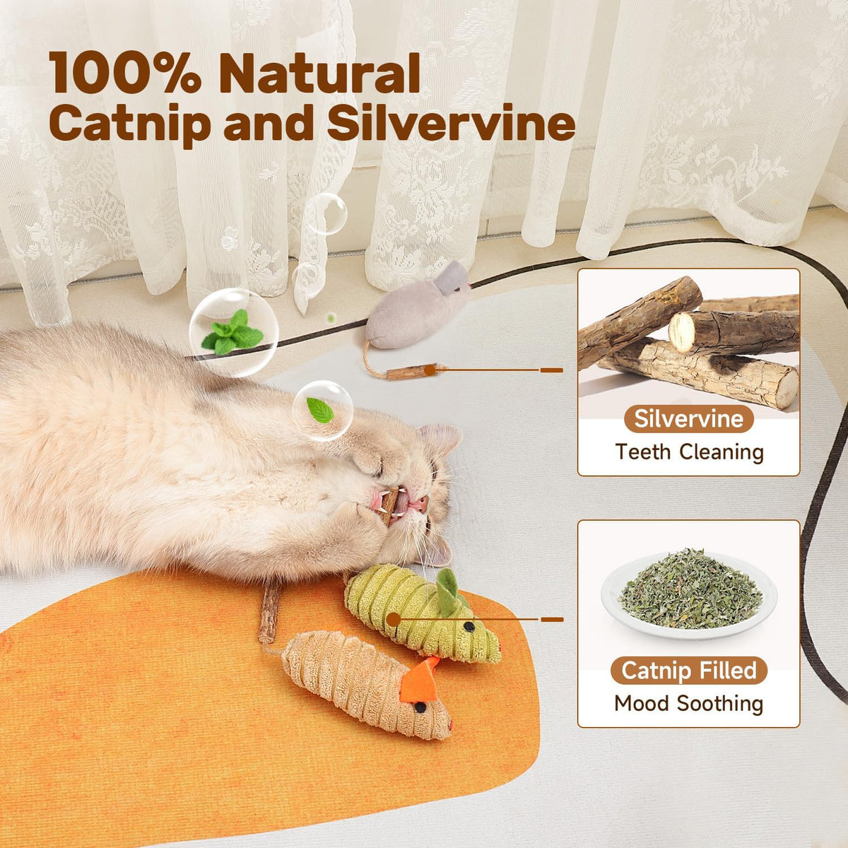 Potaroma Cat Toys: 3pcs Squeak Mice Interactive Catnip Silvervine Animals for Indoor Kittens