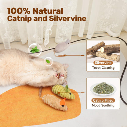 Potaroma Cat Toys: 3pcs Squeak Mice Interactive Catnip Silvervine Animals for Indoor Kittens