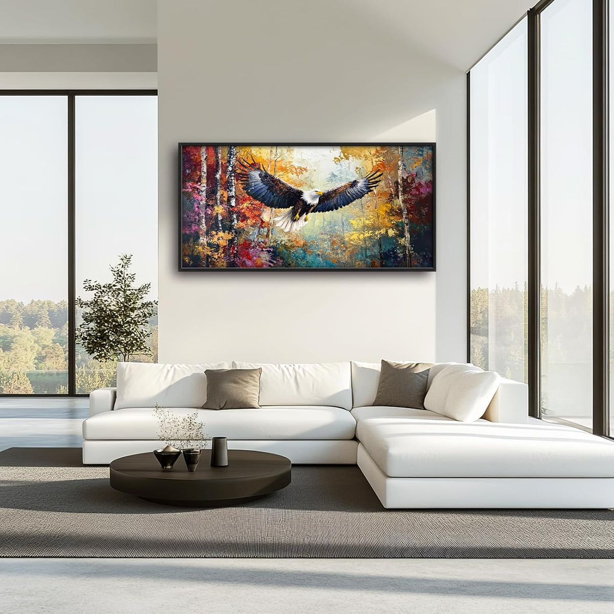 Extra Large Framed Bald Eagle Wall Art,Abstract Colorful Forest Wall Decor,Autumn Fall Forest
