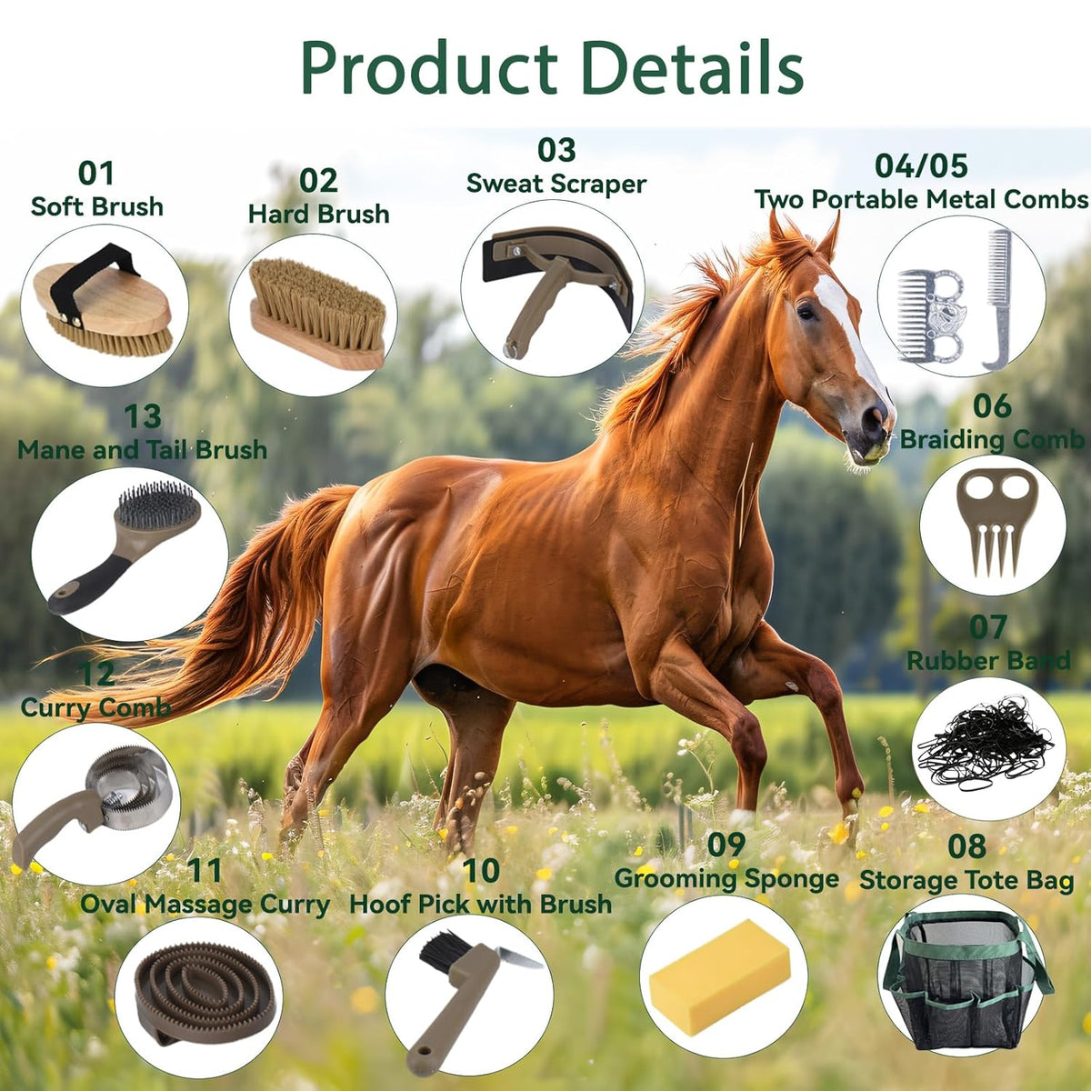 Horse Grooming Kit 13 Piece, Horse Brushes for Grooming Supplies Set with Organizer Bag, Horse