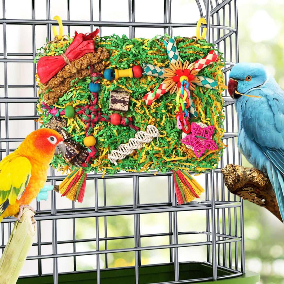 Bird Toys Parakeet Toys,Large-Sized Parrot Foraging & Shredding Cage Hanging Toys with Seagrass Mat