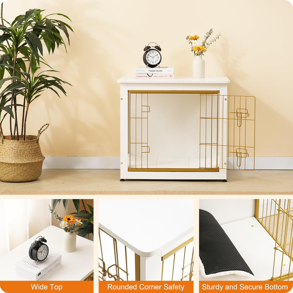 DWANTON Dog Crate Furniture with Cushion, Wooden Kennel Table with Double Doors, Indoor Dog House