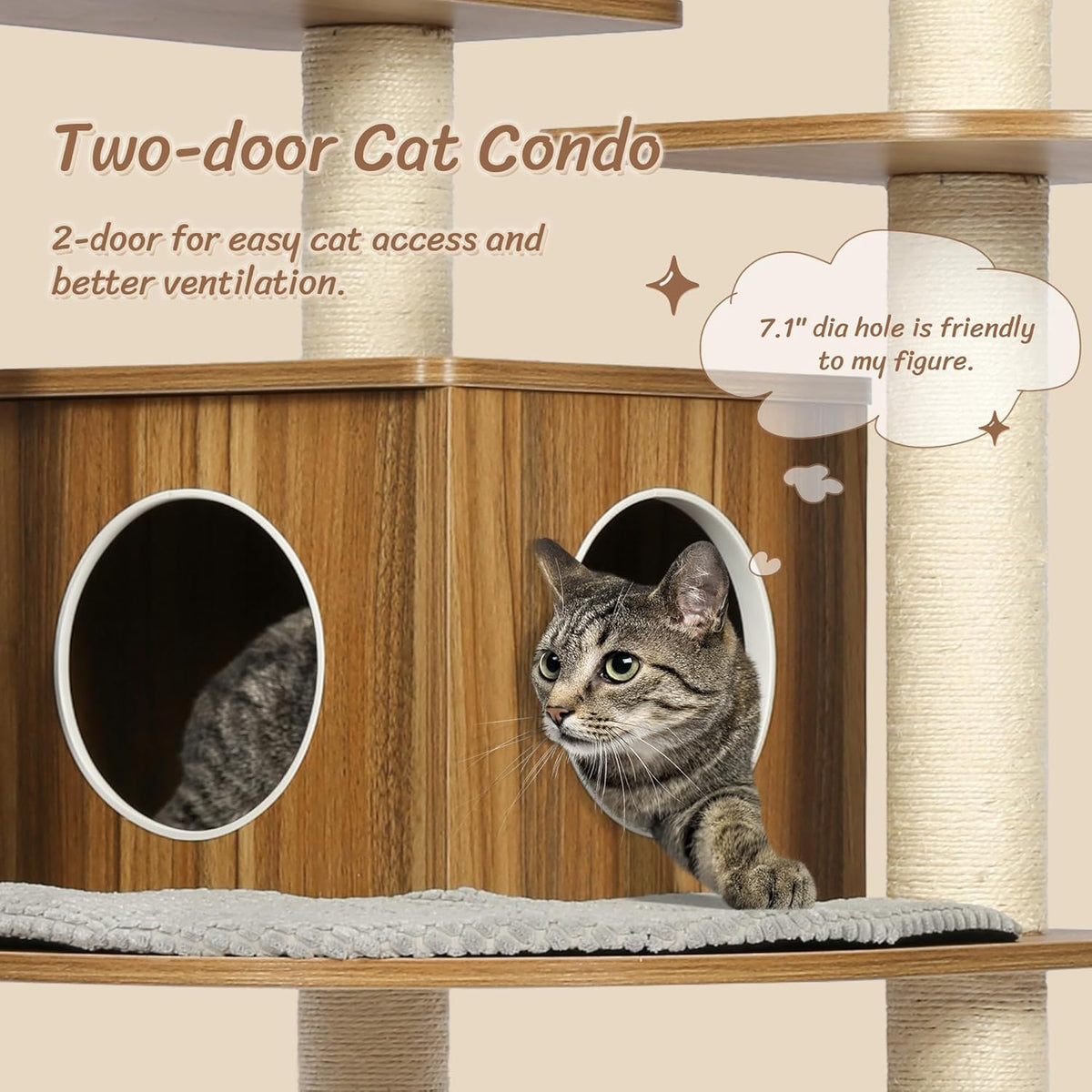 KAMABOKO Tall Wood Cat Tree, 69” Large Cat Tower Multi-Level Platforms with Sisal Scratching Posts