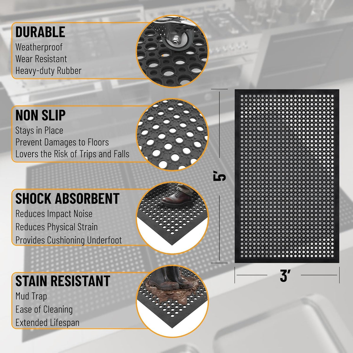 Ottomanson Heavy Duty Rubber Floor Mat – Non-Slip, Waterproof, Easy to Clean – Anti-Fatigue Mat for
