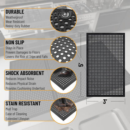 Ottomanson Heavy Duty Rubber Floor Mat – Non-Slip, Waterproof, Easy to Clean – Anti-Fatigue Mat for
