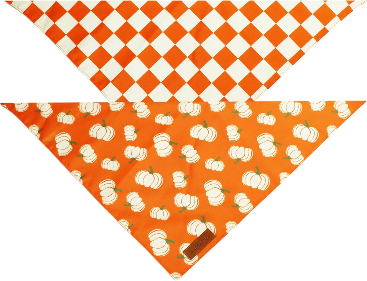 Realeaf Thanksgiving Fall Dog Bandanas 2 Pack, Orange Plaid Pumpkin Pet Scarf for Boy and Girl