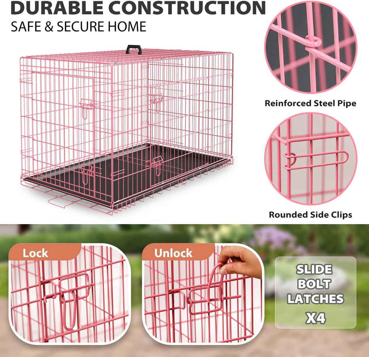 BestPet | Dog Crate | 24" | Pink | Foldable Metal Kennel with Double Doors, Secure Slide-Bolt