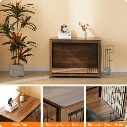 DWANTON Dog Crate Furniture with Cushion, Wooden Kennel Table with Double Doors, Indoor Dog House