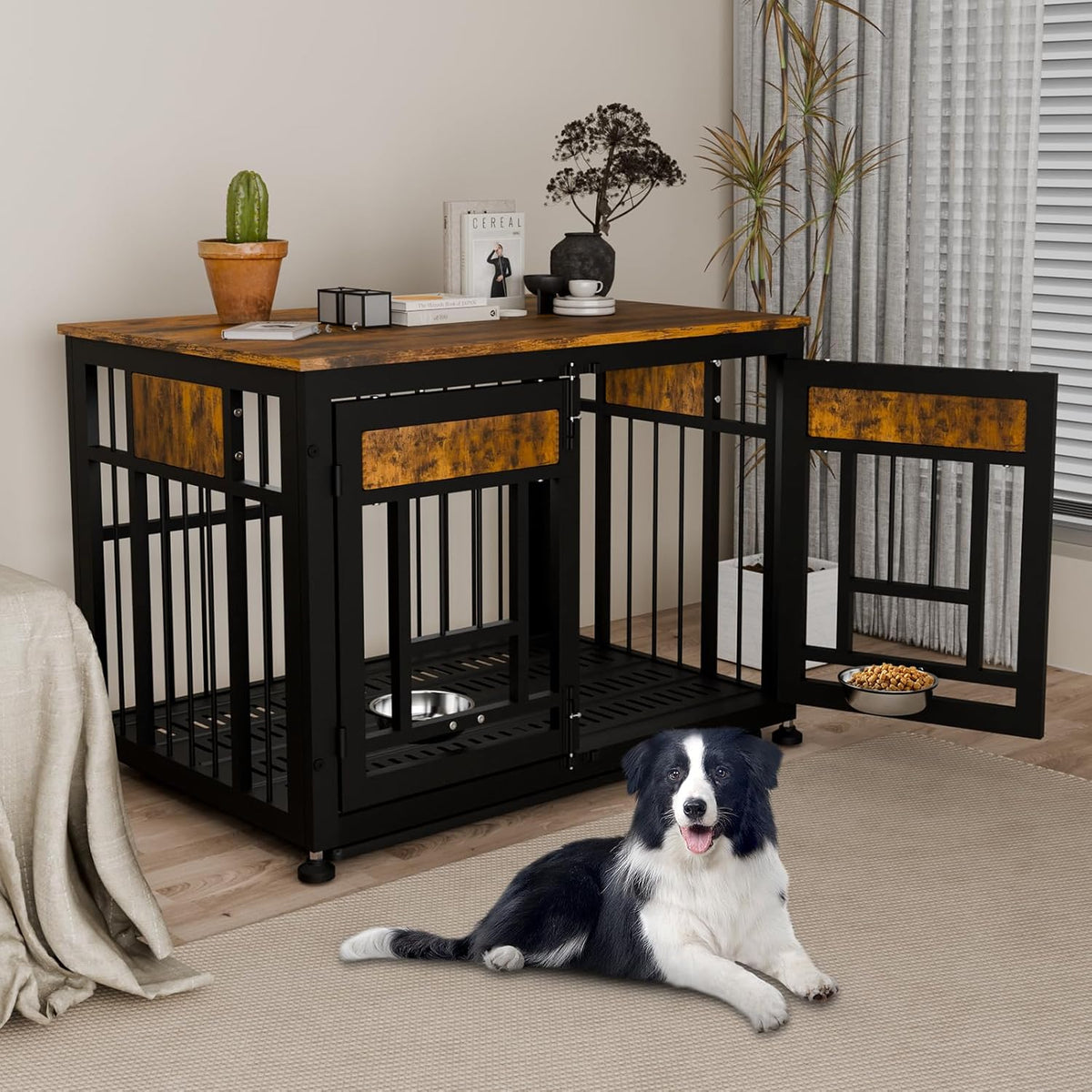 Dog Crate Furniture End Table 38 Inch Hidden Kennel Cabinet with Removable Tray, Thickened Metal