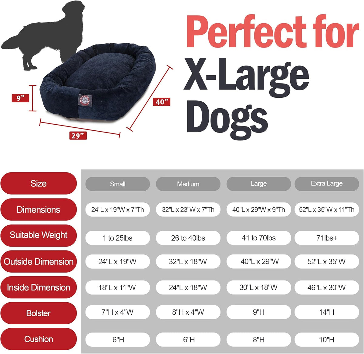 Majestic Pet Villa 52 Inch Shredded Memory Foam Dog Bed for X-Large Sized Dogs 52x35x11
