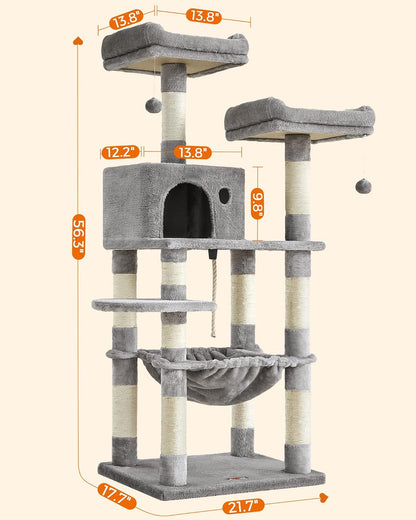 FEANDREA Cat Tree, Cat Tower for Indoor Cats, 56.3-Inch Cat Condo with Scratching Posts, Hammock