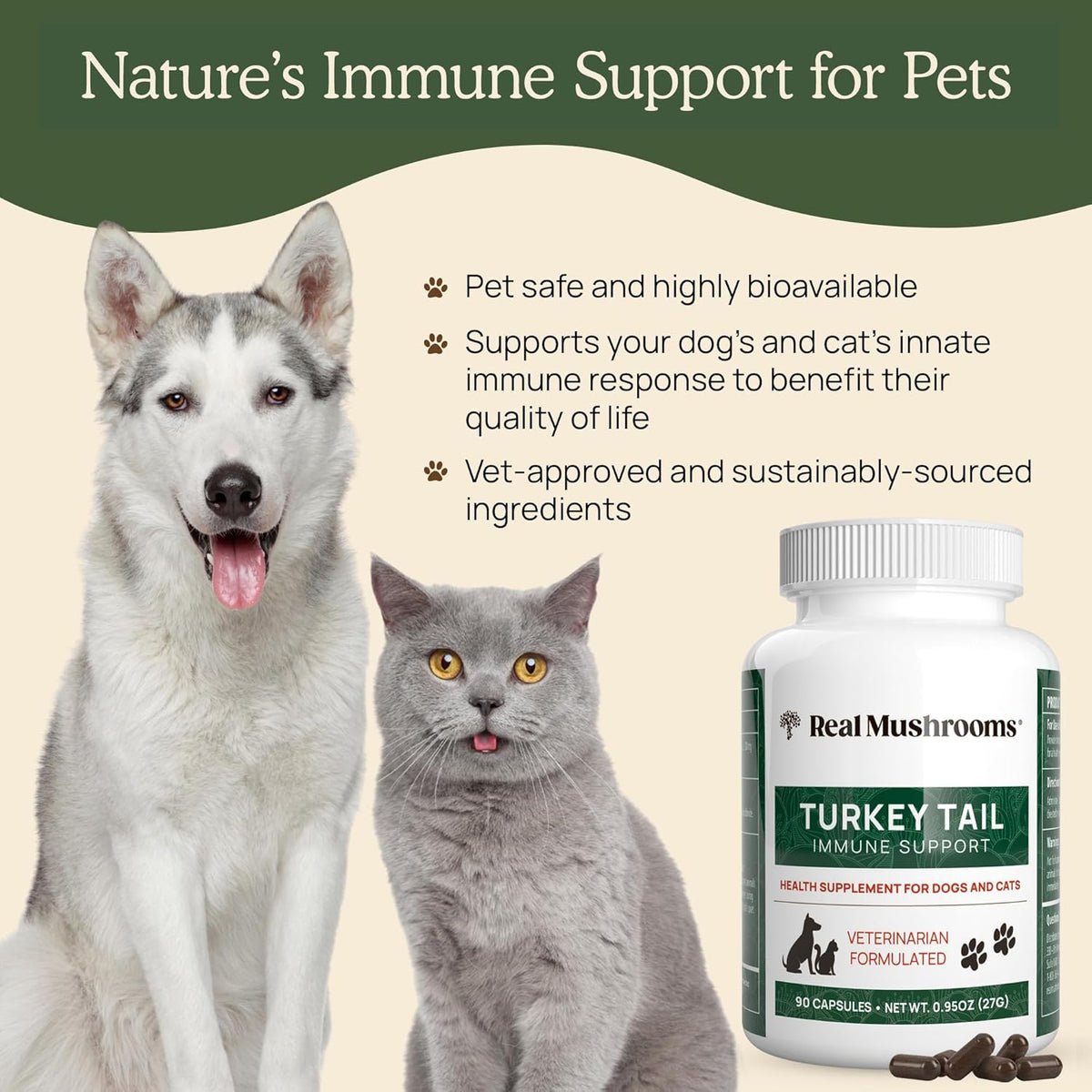 Real Mushrooms Turkey Tail Capsules for Pets –Cat Probiotics & Dog Vitamins – Organic Mushroom