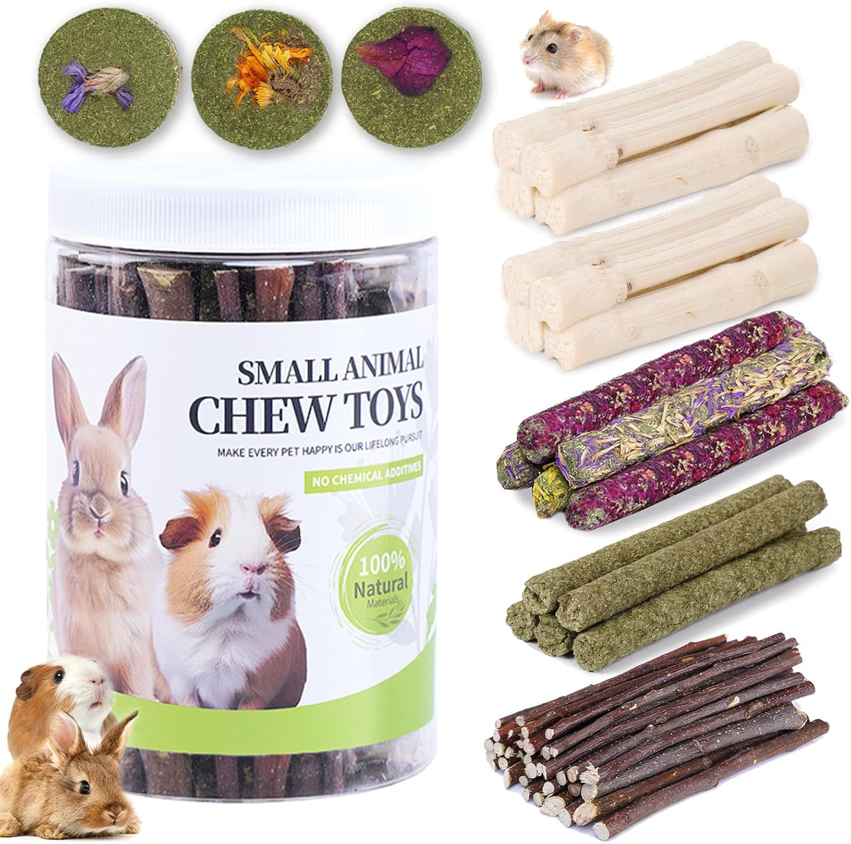 50-60 Pcs Rabbit Chew Toys, Guinea Pig, Hamster, Bunny Chew Toys, Sweet Bamboo, Apple Stick