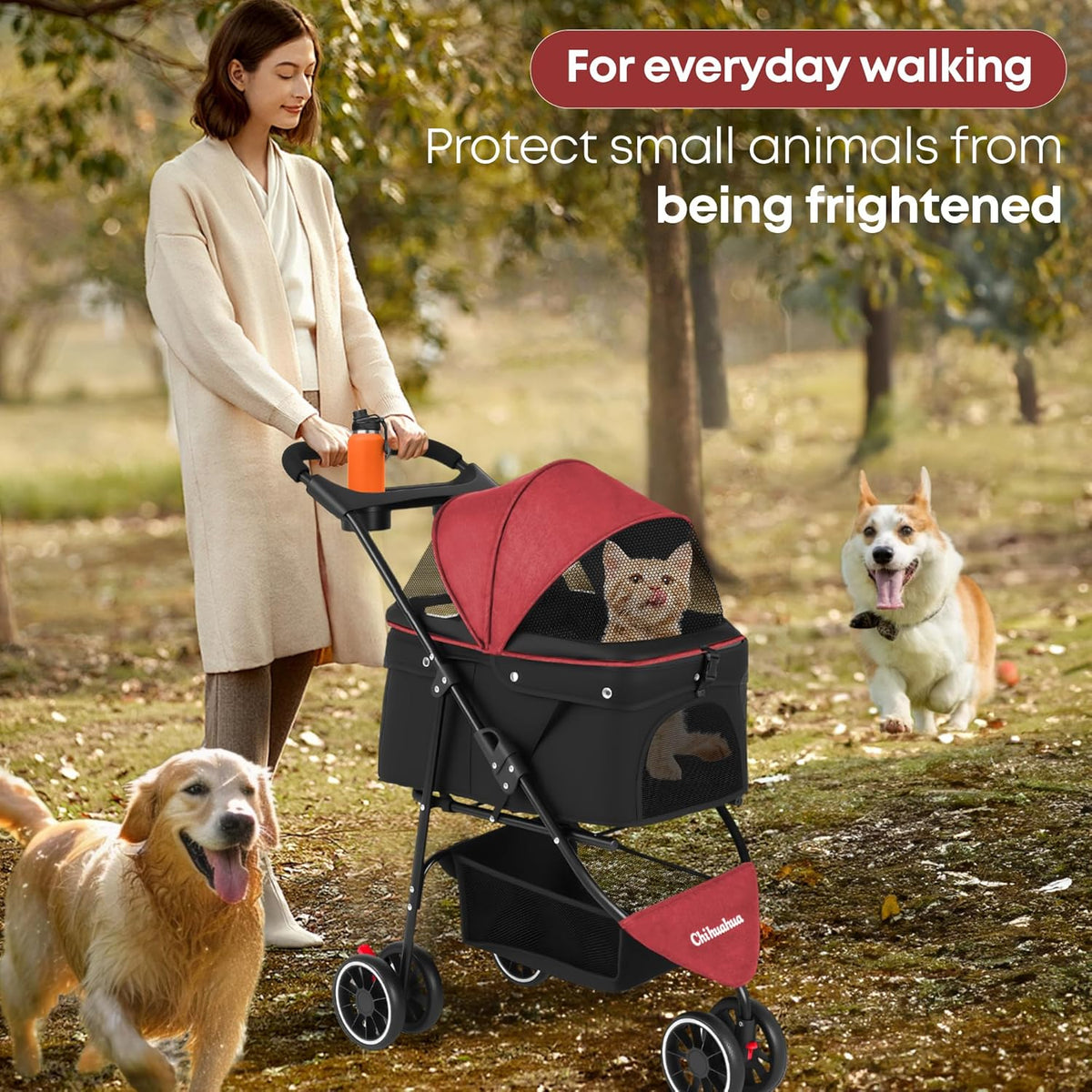 Pet Stroller,Dog Stroller for Small Medium Dogs Cats,3 Wheels,Foldable,with Breathable Mesh